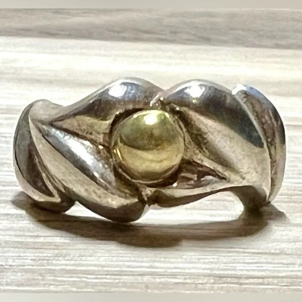 Vintage Designer Signed Sterling Silver & Yellow Gold Band Ring, Size 4.5, 10.6g